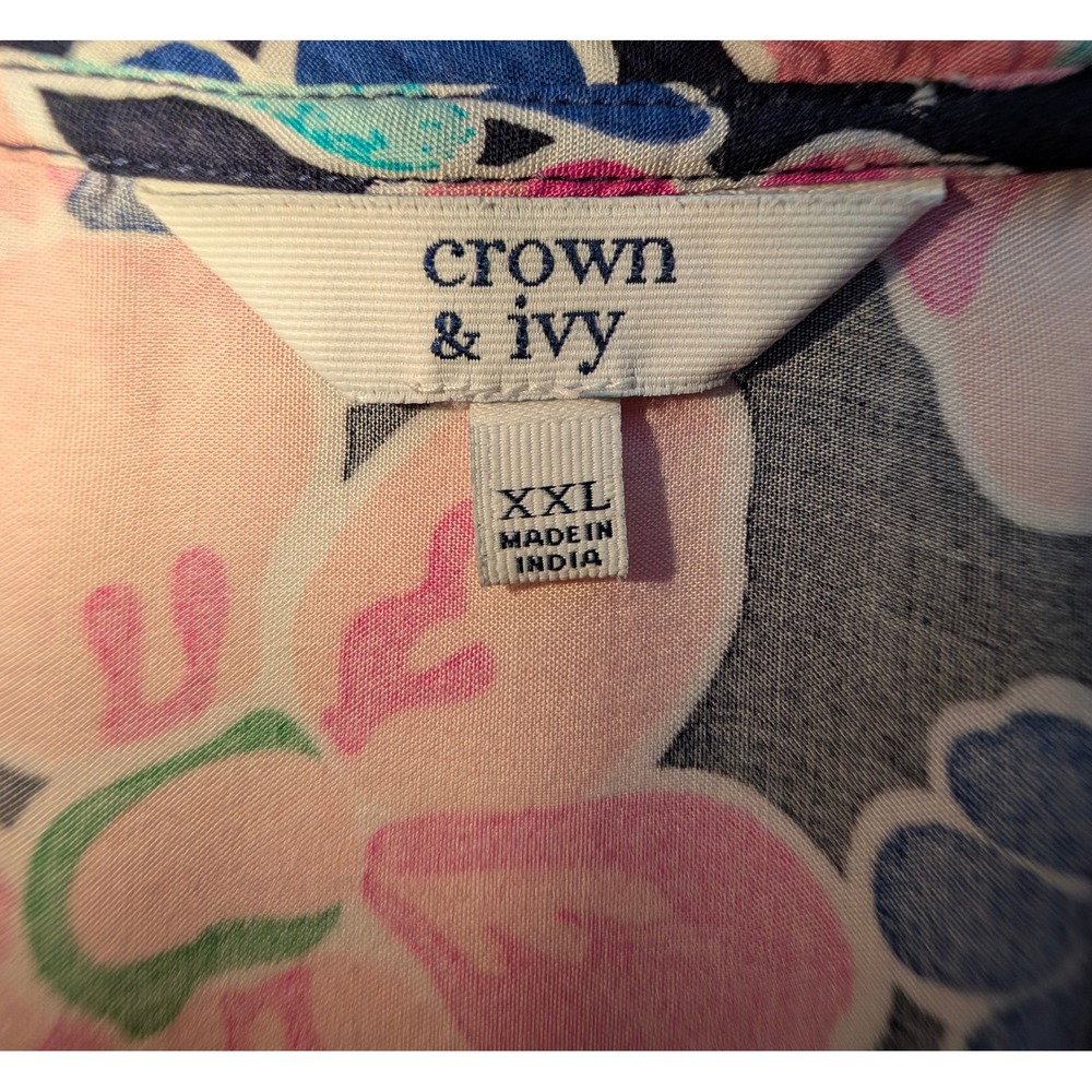Crown & Ivy Womens XXL Pink Blue Floral Ruffle Neck Sleeveless Rayon Blouse - Picture 2 of 3